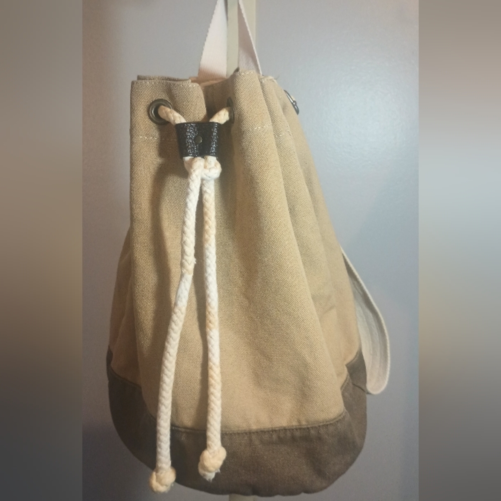 Tan Canvas Backpack with White Rope Drawstring